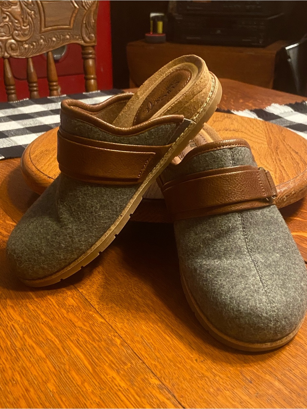 Euro Soft by “Sofft” Gowan, gray, felt,  slip-on, buckled mule.